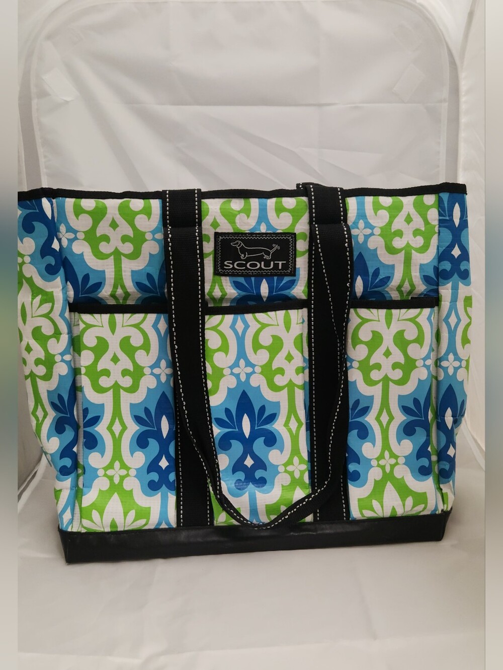 Scout Blue, Green & White Patterned Tote with Black Trim